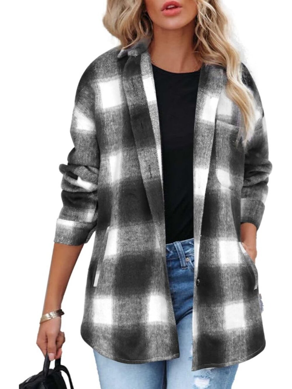 Women Black-White Fall Plaid Long Sleeve Bust Pocket Button Down Flannel Shacket